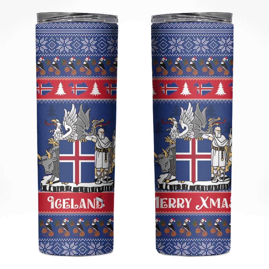 Iceland Christmas Skinny Tumbler Coat Of Arms Christmas Pattern - Wonder Print Shop