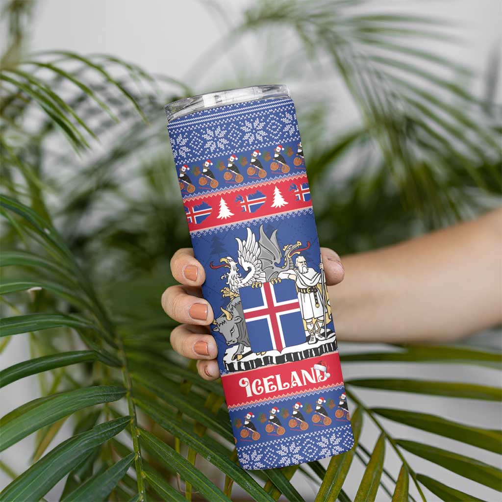 Iceland Christmas Skinny Tumbler Coat Of Arms Christmas Pattern - Wonder Print Shop