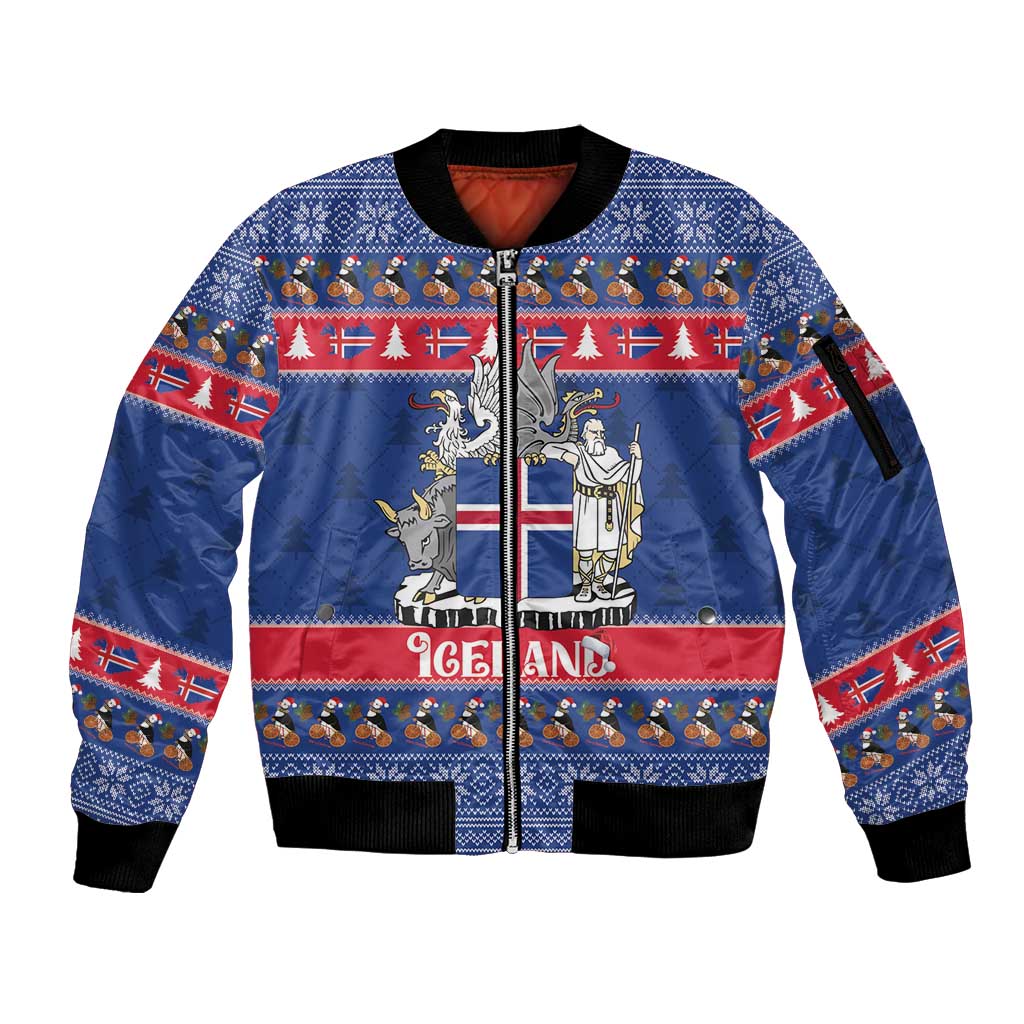 Iceland Christmas Sleeve Zip Bomber Jacket Coat Of Arms Christmas Pattern - Wonder Print Shop