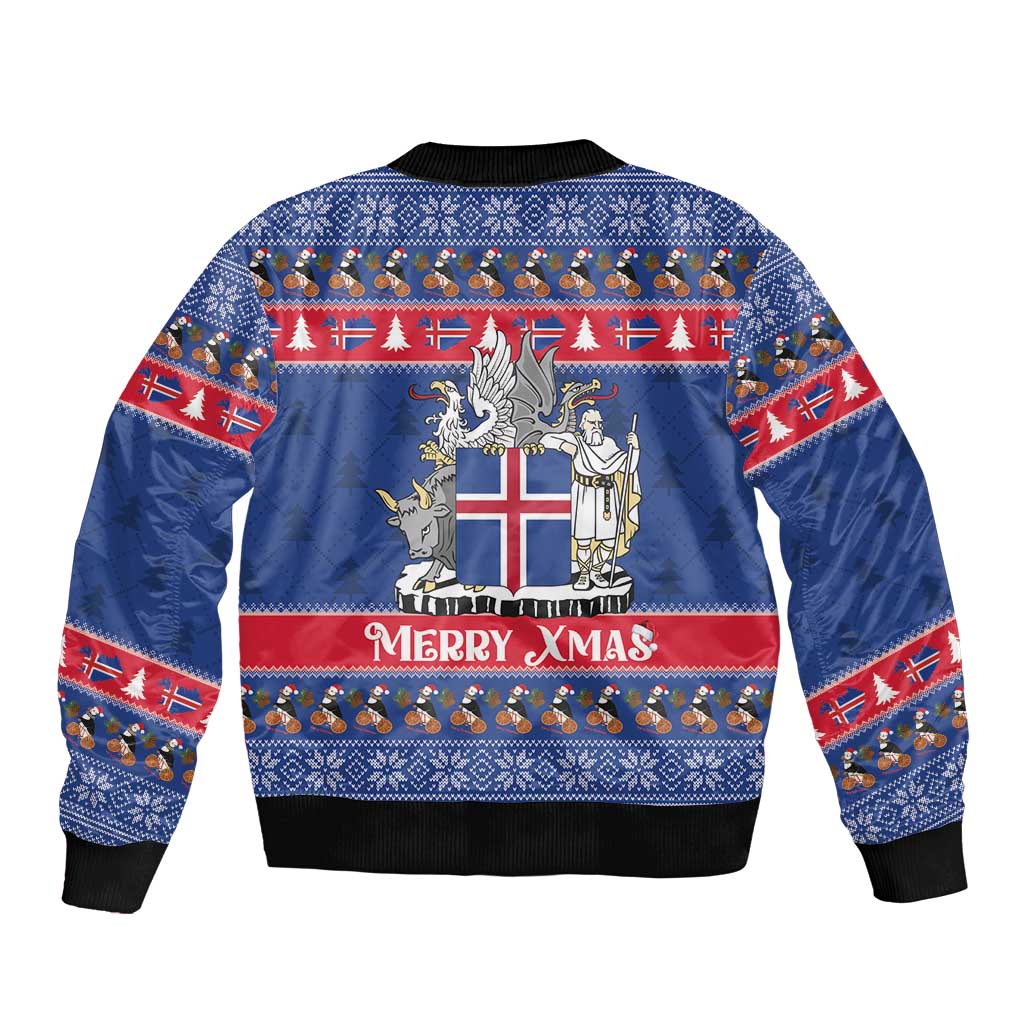 Iceland Christmas Sleeve Zip Bomber Jacket Coat Of Arms Christmas Pattern - Wonder Print Shop