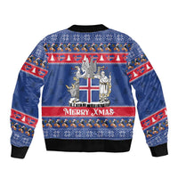 Iceland Christmas Sleeve Zip Bomber Jacket Coat Of Arms Christmas Pattern - Wonder Print Shop