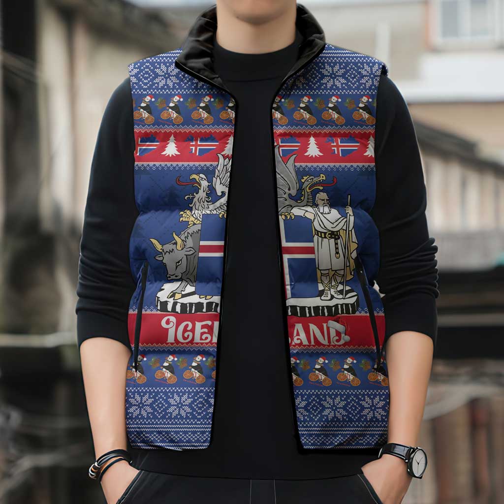 Iceland Christmas Sleeveless Puffer Jacket Coat Of Arms Christmas Pattern - Wonder Print Shop