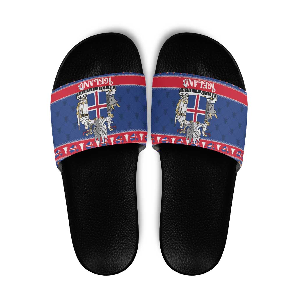 Iceland Christmas Slide Sandals Coat Of Arms Christmas Pattern - Wonder Print Shop