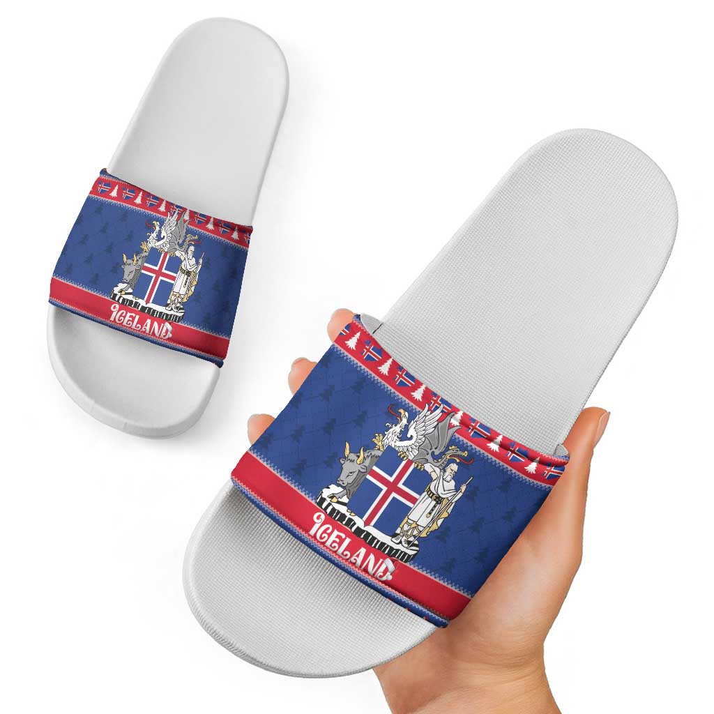 Iceland Christmas Slide Sandals Coat Of Arms Christmas Pattern - Wonder Print Shop