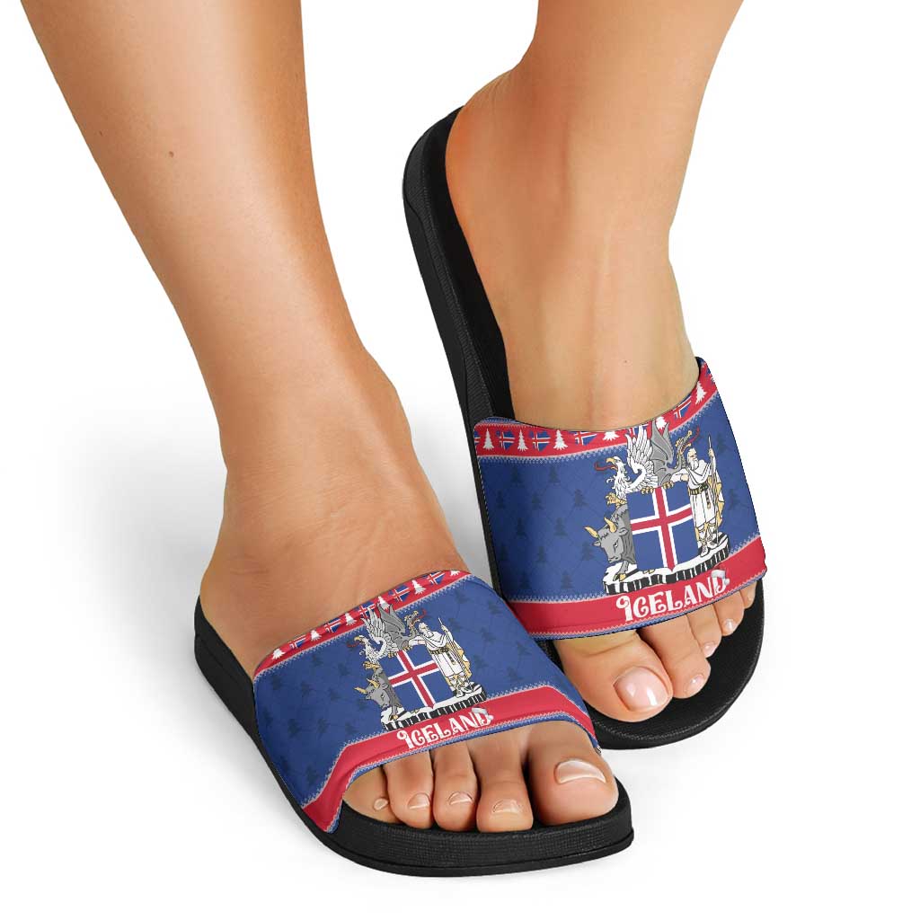 Iceland Christmas Slide Sandals Coat Of Arms Christmas Pattern - Wonder Print Shop