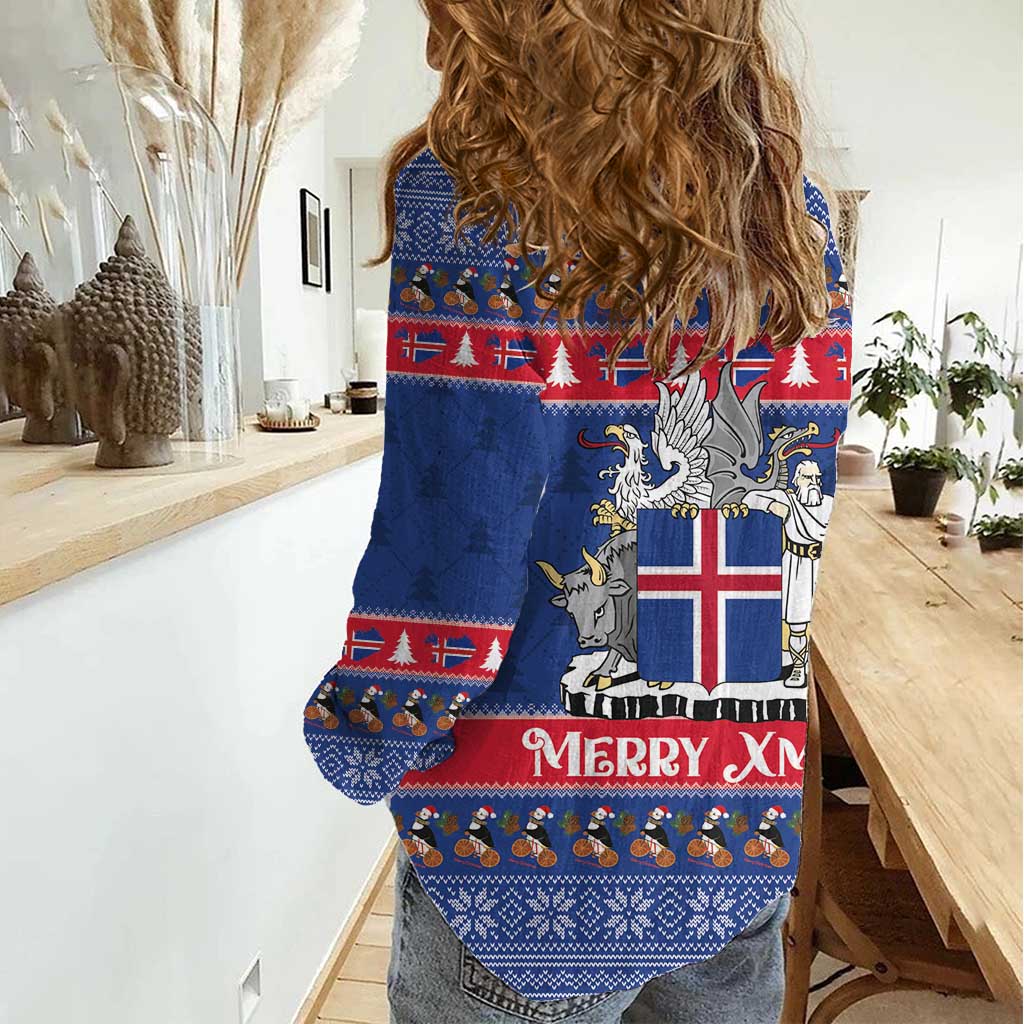 Iceland Christmas Women Casual Shirt Coat Of Arms Christmas Pattern - Wonder Print Shop