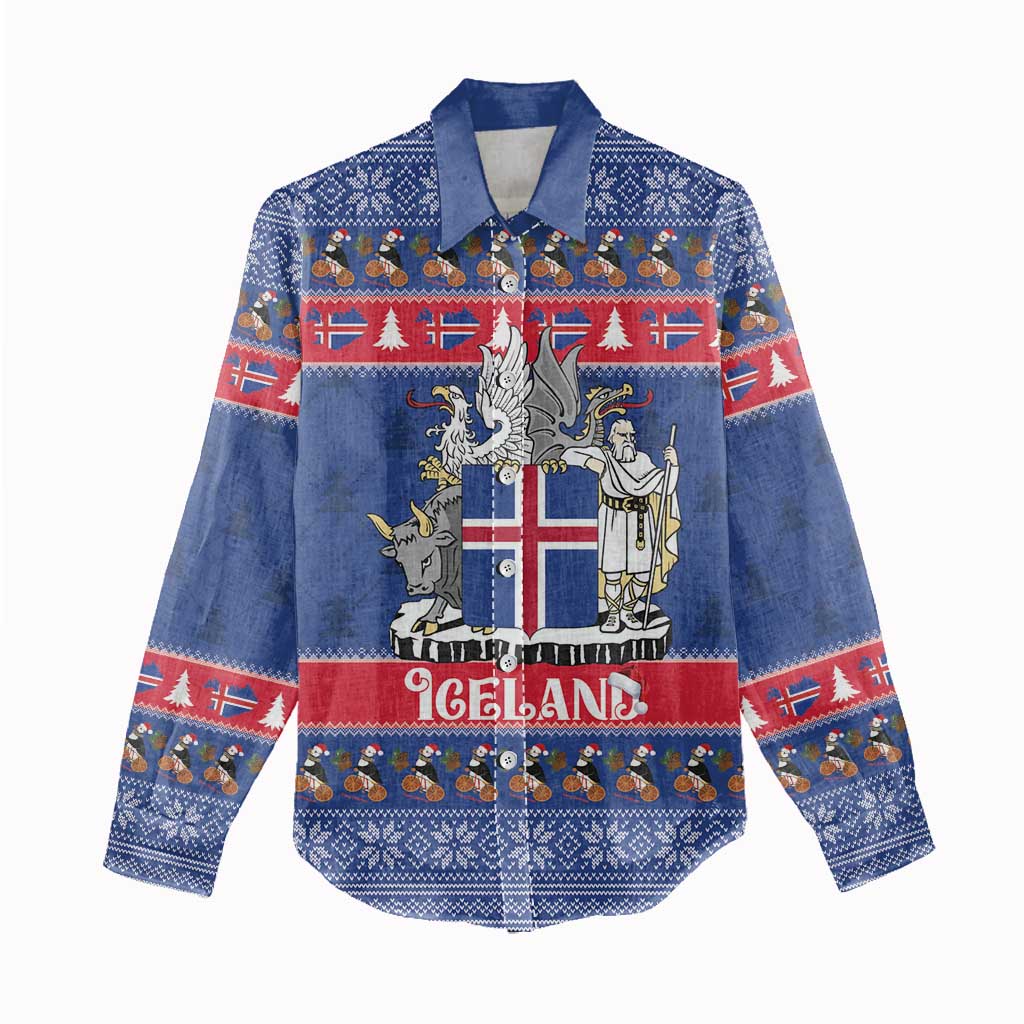 Iceland Christmas Women Casual Shirt Coat Of Arms Christmas Pattern - Wonder Print Shop
