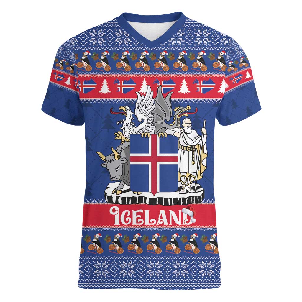 Iceland Christmas Women V-Neck T-Shirt Coat Of Arms Christmas Pattern - Wonder Print Shop