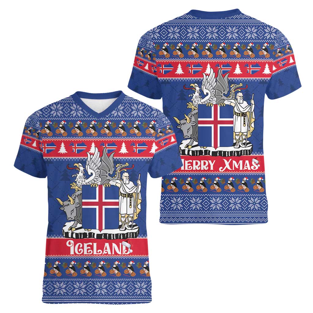 Iceland Christmas Women V-Neck T-Shirt Coat Of Arms Christmas Pattern - Wonder Print Shop