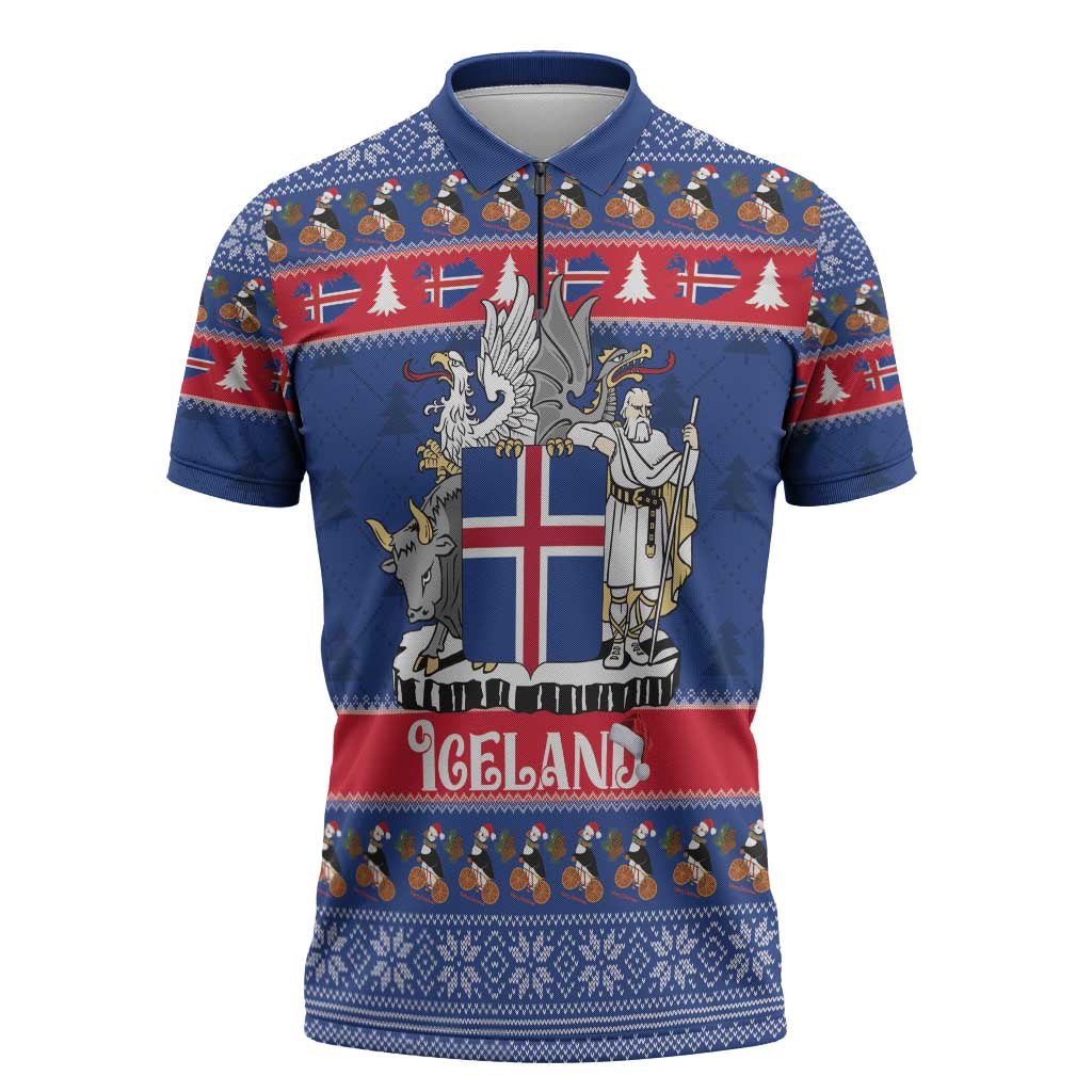Iceland Christmas Zipper Polo Shirt Coat Of Arms Christmas Pattern - Wonder Print Shop