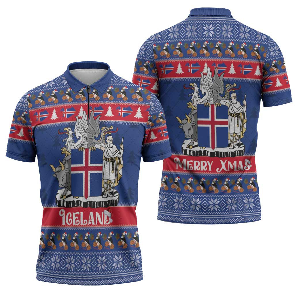 Iceland Christmas Zipper Polo Shirt Coat Of Arms Christmas Pattern - Wonder Print Shop