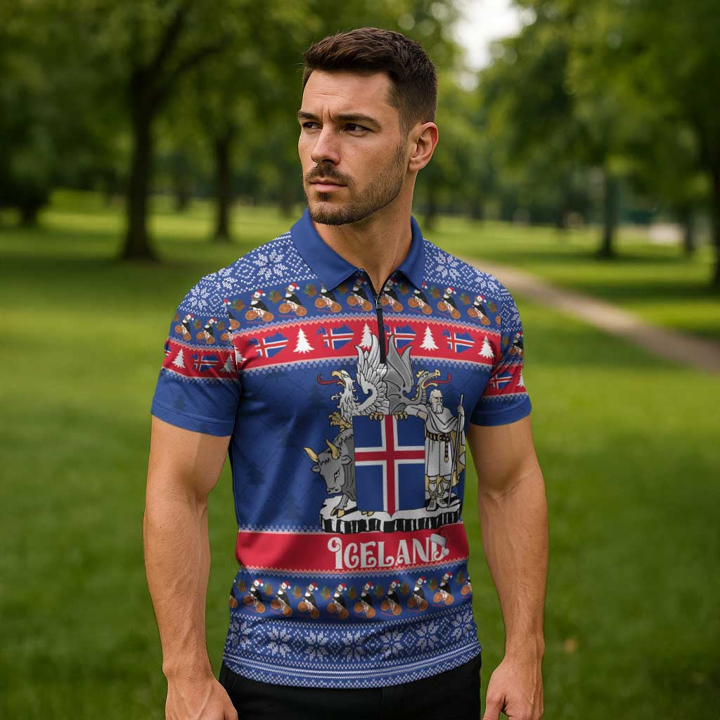Iceland Christmas Zipper Polo Shirt Coat Of Arms Christmas Pattern - Wonder Print Shop