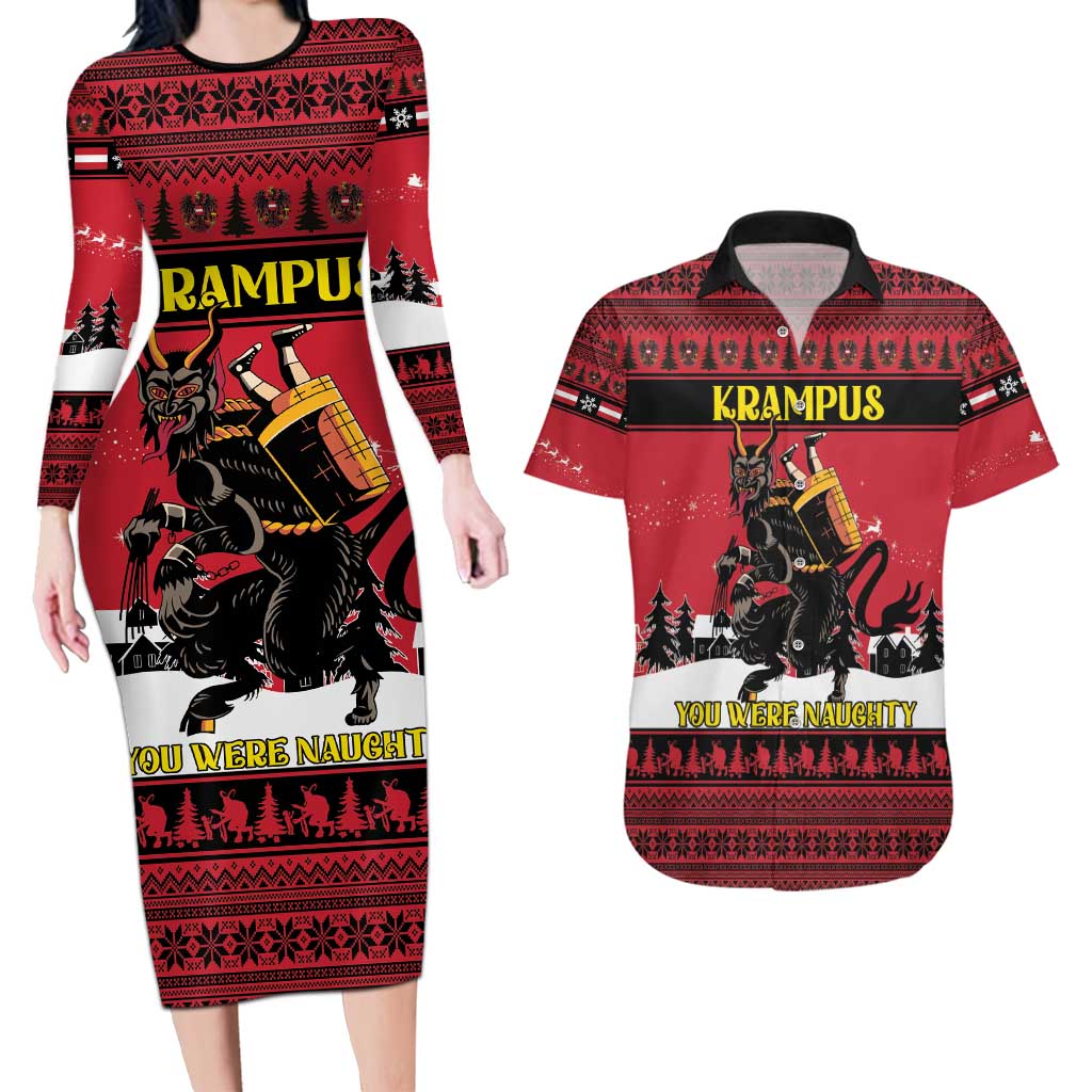 Austria Christmas Couples Matching Long Sleeve Bodycon Dress and Hawaiian Shirt Krampus You Were Naughty - Wonder Print Shop