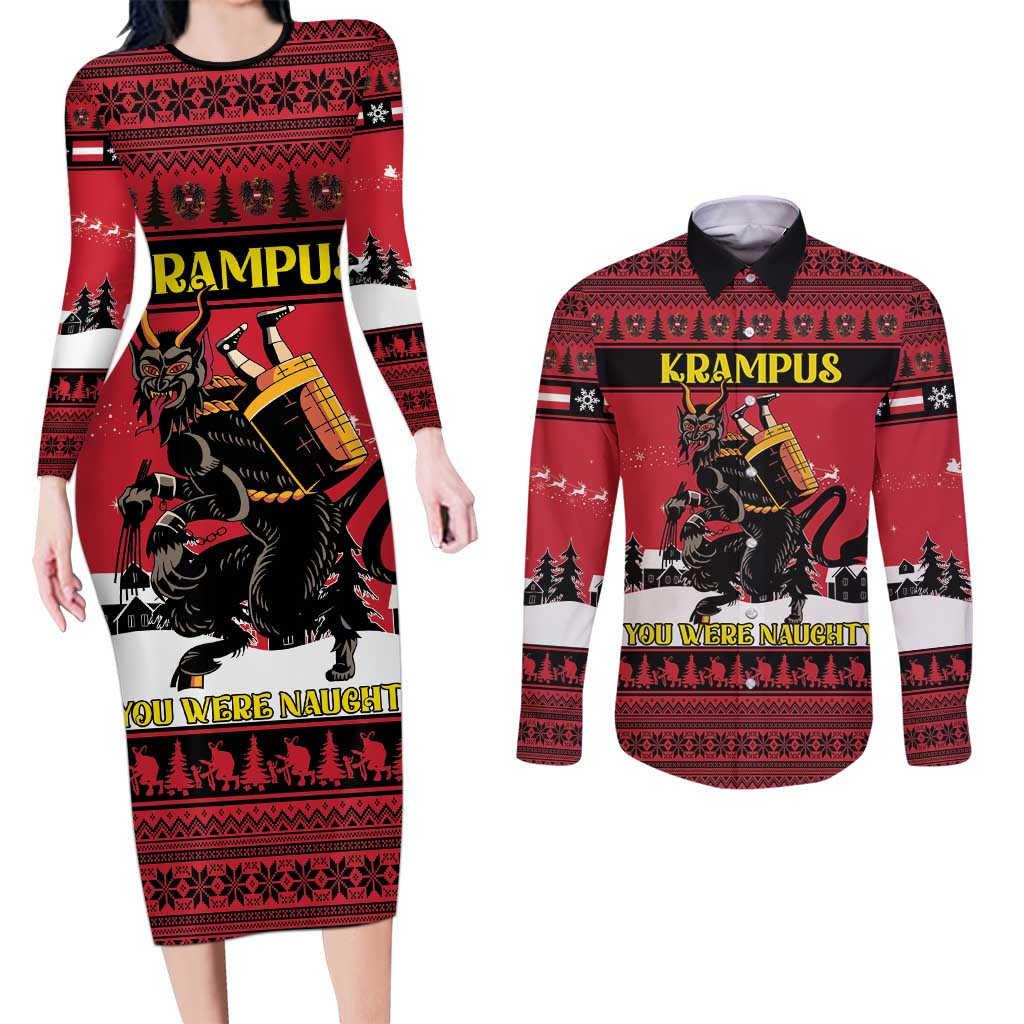 Austria Christmas Couples Matching Long Sleeve Bodycon Dress and Long Sleeve Button Shirt Krampus You Were Naughty - Wonder Print Shop