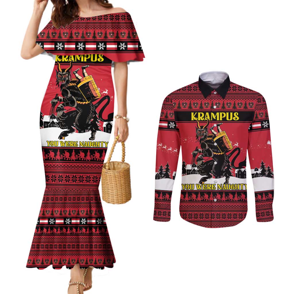 Austria Christmas Couples Matching Mermaid Dress and Long Sleeve Button Shirt Krampus You Were Naughty - Wonder Print Shop