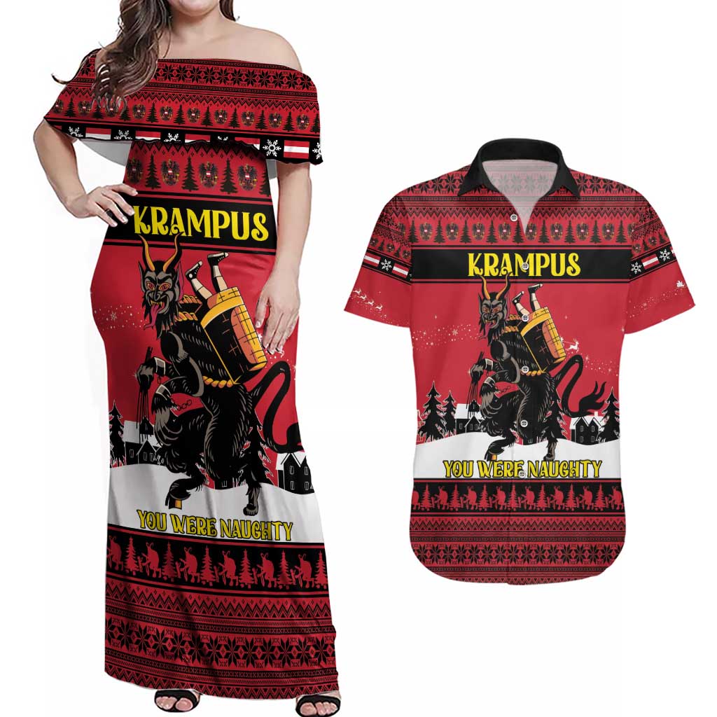 Austria Christmas Couples Matching Off Shoulder Maxi Dress and Hawaiian Shirt Krampus You Were Naughty - Wonder Print Shop