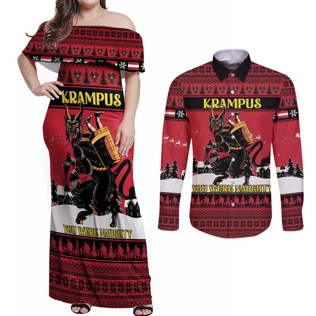 Austria Christmas Couples Matching Off Shoulder Maxi Dress and Long Sleeve Button Shirt Krampus You Were Naughty - Wonder Print Shop
