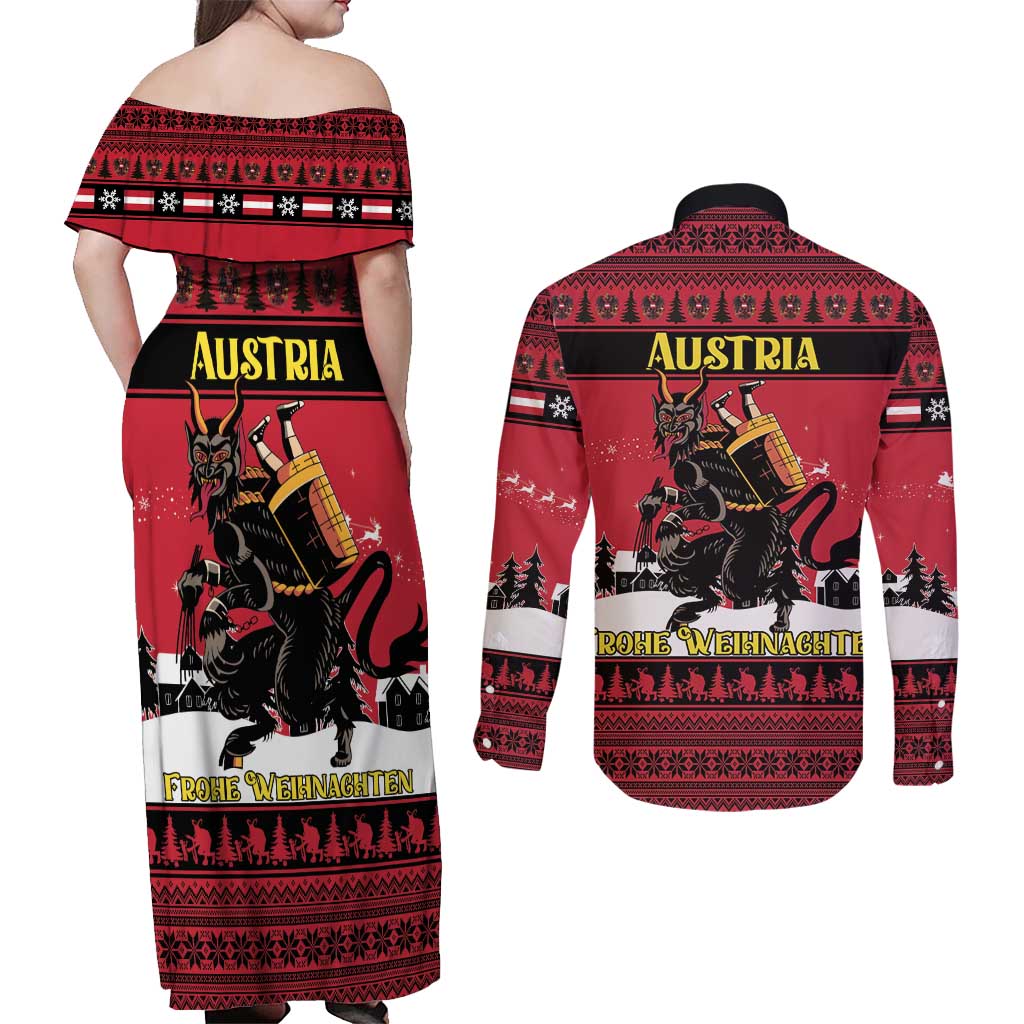 Austria Christmas Couples Matching Off Shoulder Maxi Dress and Long Sleeve Button Shirt Krampus You Were Naughty - Wonder Print Shop