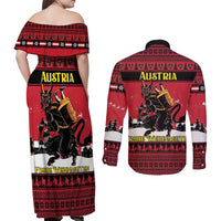 Austria Christmas Couples Matching Off Shoulder Maxi Dress and Long Sleeve Button Shirt Krampus You Were Naughty - Wonder Print Shop