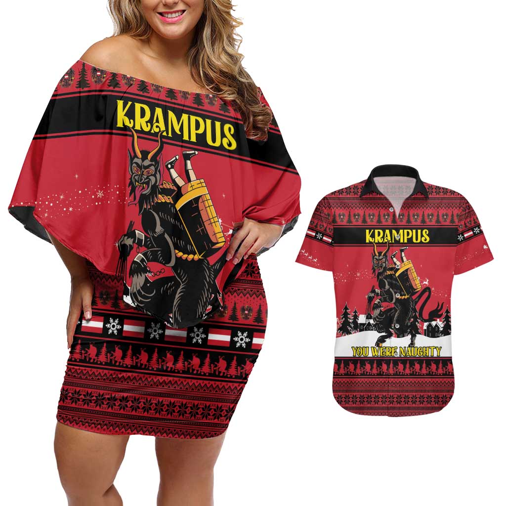 Austria Christmas Couples Matching Off Shoulder Short Dress and Hawaiian Shirt Krampus You Were Naughty - Wonder Print Shop