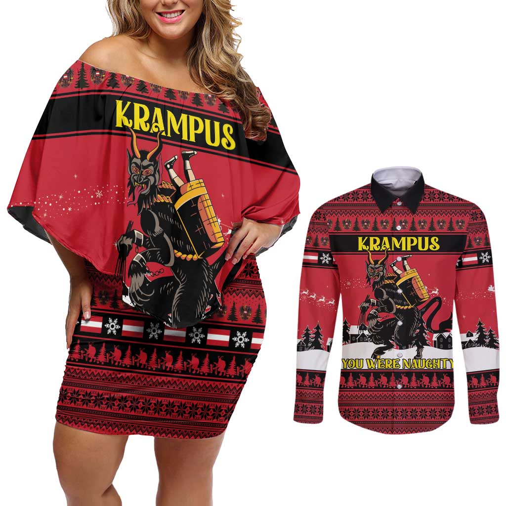 Austria Christmas Couples Matching Off Shoulder Short Dress and Long Sleeve Button Shirt Krampus You Were Naughty - Wonder Print Shop