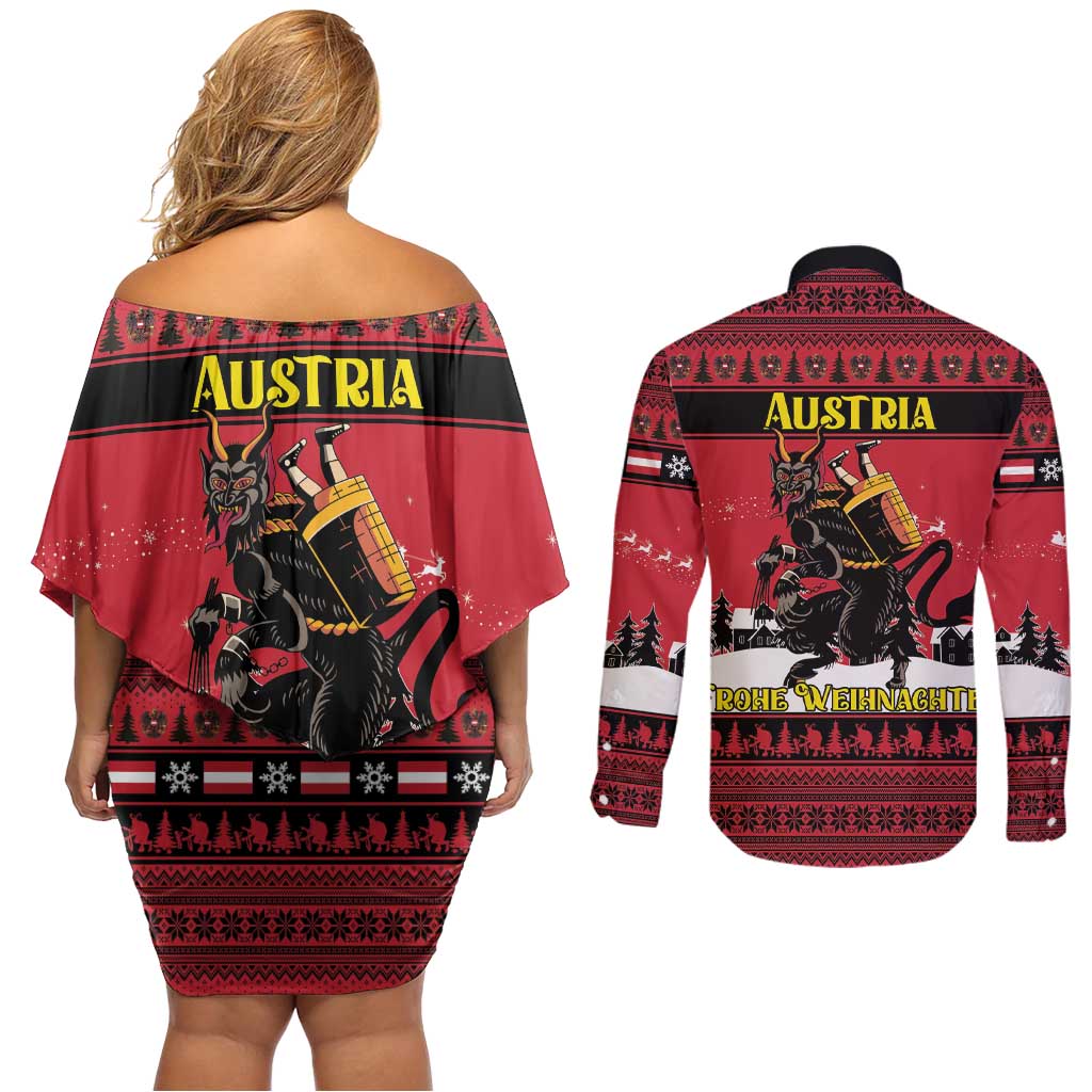 Austria Christmas Couples Matching Off Shoulder Short Dress and Long Sleeve Button Shirt Krampus You Were Naughty - Wonder Print Shop