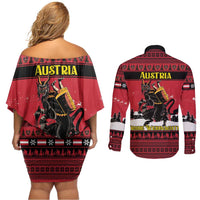 Austria Christmas Couples Matching Off Shoulder Short Dress and Long Sleeve Button Shirt Krampus You Were Naughty - Wonder Print Shop