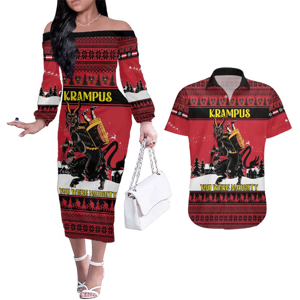 Austria Christmas Couples Matching Off The Shoulder Long Sleeve Dress and Hawaiian Shirt Krampus You Were Naughty - Wonder Print Shop