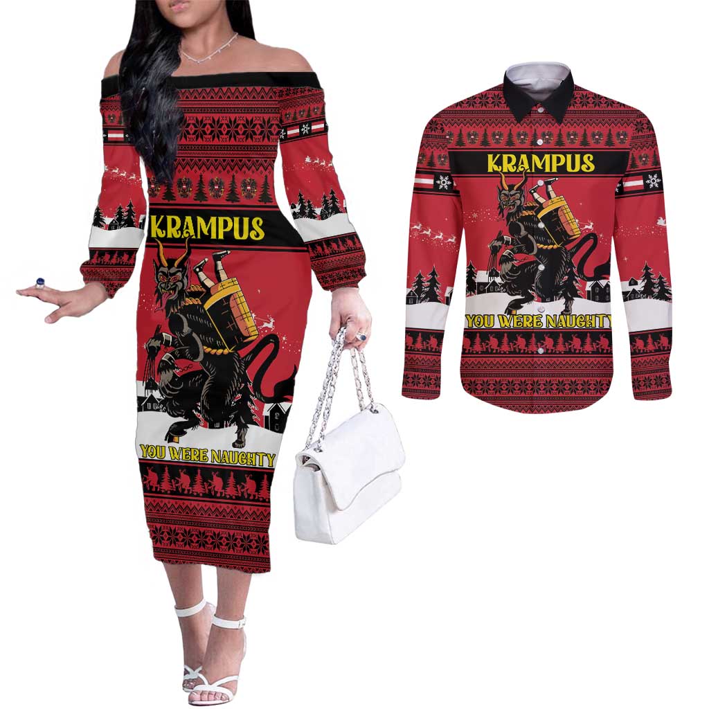 Austria Christmas Couples Matching Off The Shoulder Long Sleeve Dress and Long Sleeve Button Shirt Krampus You Were Naughty - Wonder Print Shop