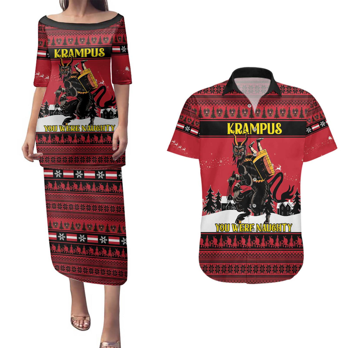 Austria Christmas Couples Matching Puletasi and Hawaiian Shirt Krampus You Were Naughty - Wonder Print Shop