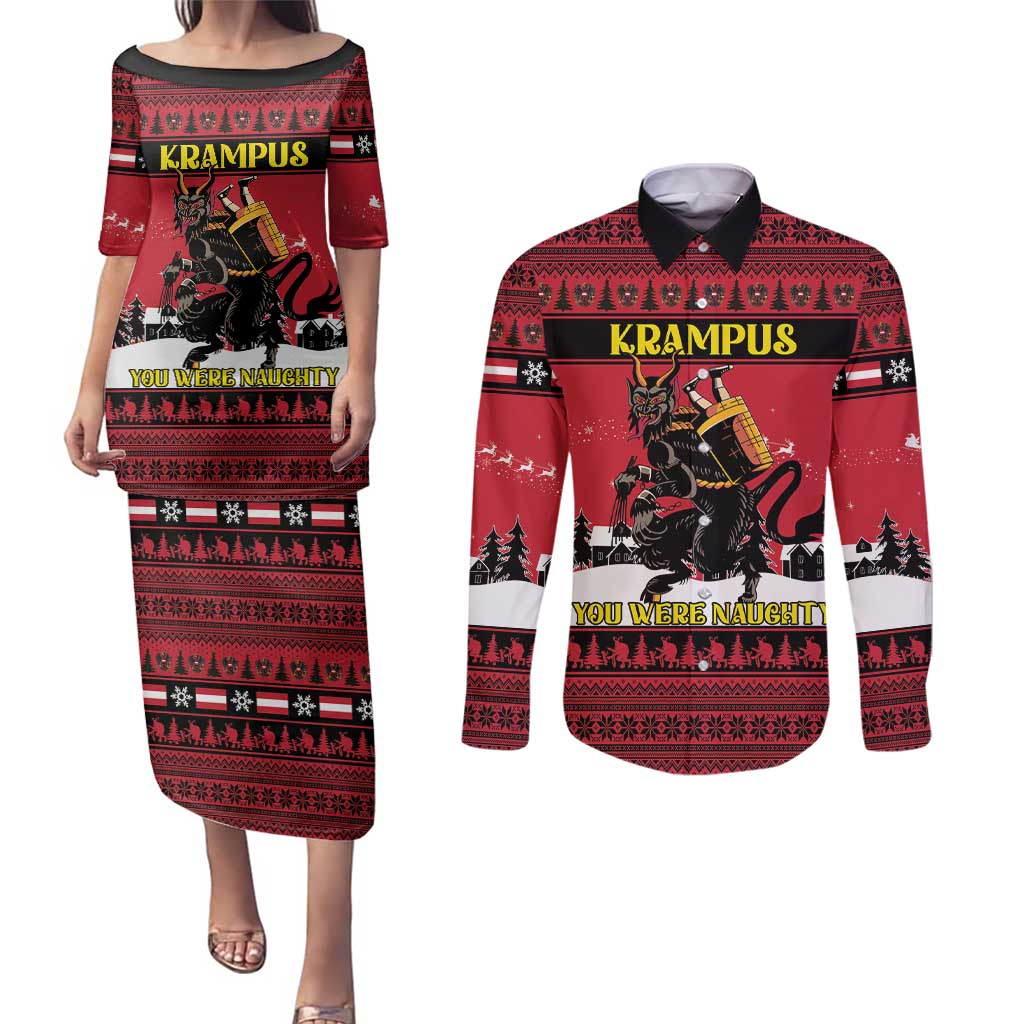 Austria Christmas Couples Matching Puletasi and Long Sleeve Button Shirt Krampus You Were Naughty - Wonder Print Shop