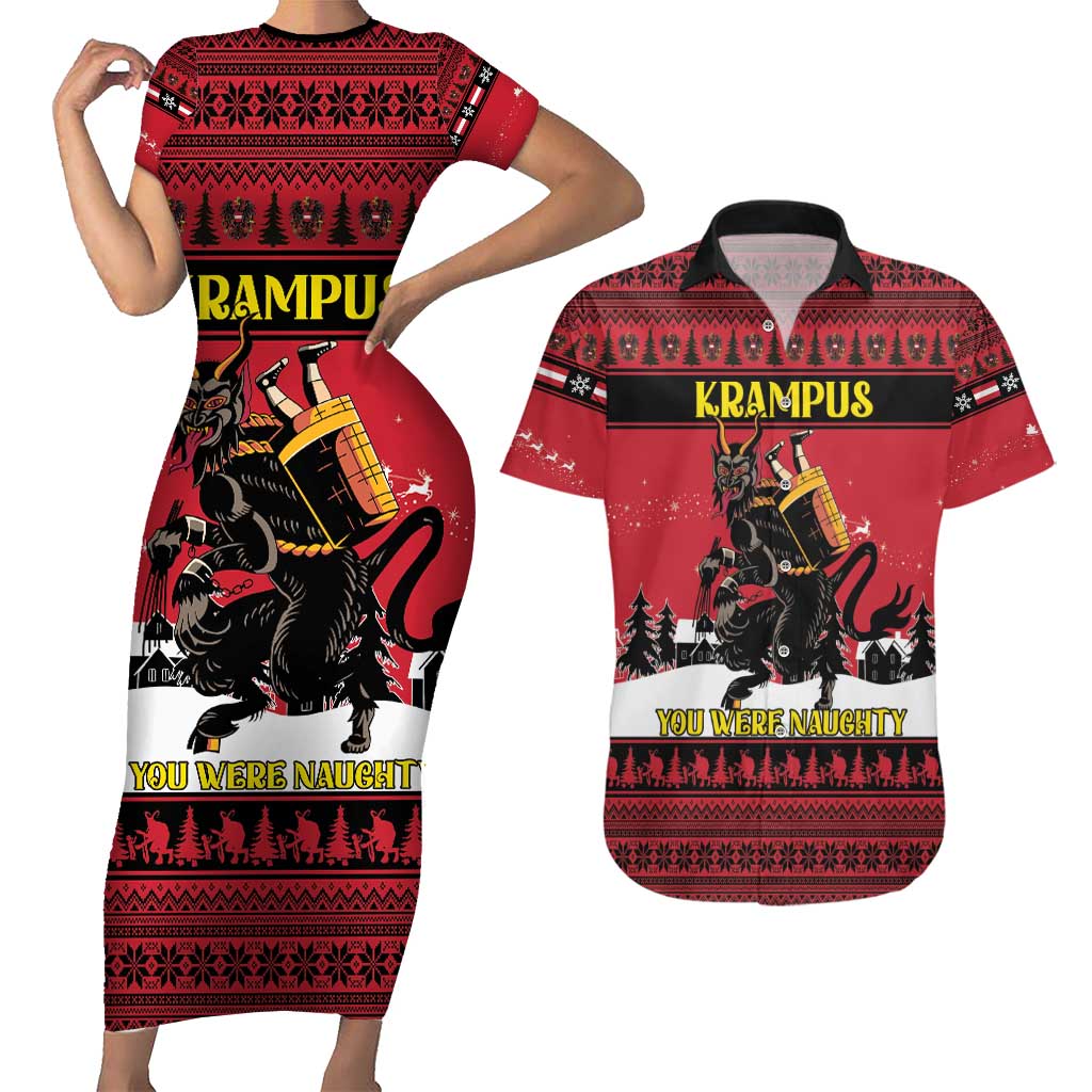 Austria Christmas Couples Matching Short Sleeve Bodycon Dress and Hawaiian Shirt Krampus You Were Naughty - Wonder Print Shop