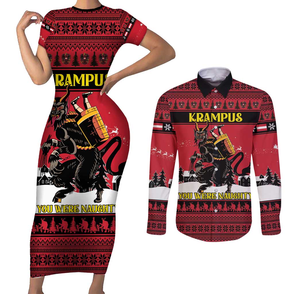 Austria Christmas Couples Matching Short Sleeve Bodycon Dress and Long Sleeve Button Shirt Krampus You Were Naughty - Wonder Print Shop