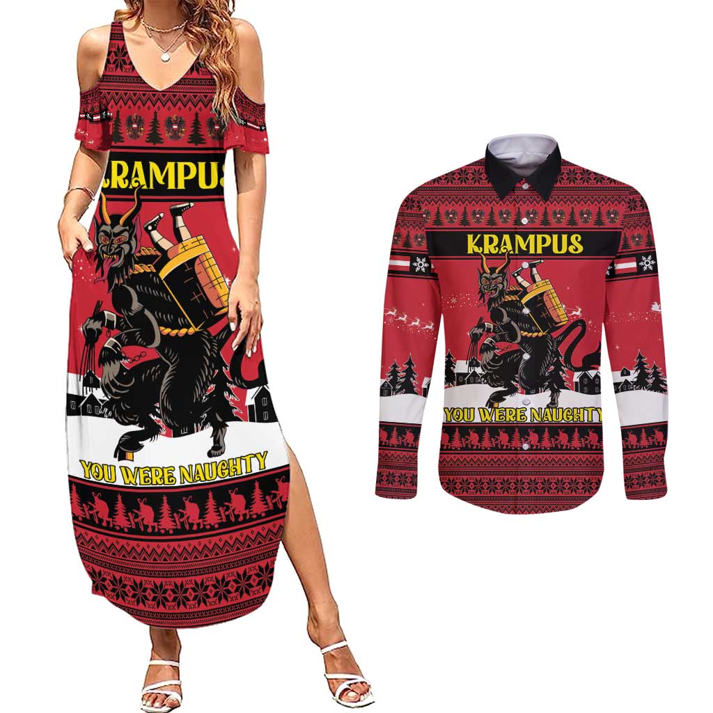 Austria Christmas Couples Matching Summer Maxi Dress and Long Sleeve Button Shirt Krampus You Were Naughty - Wonder Print Shop