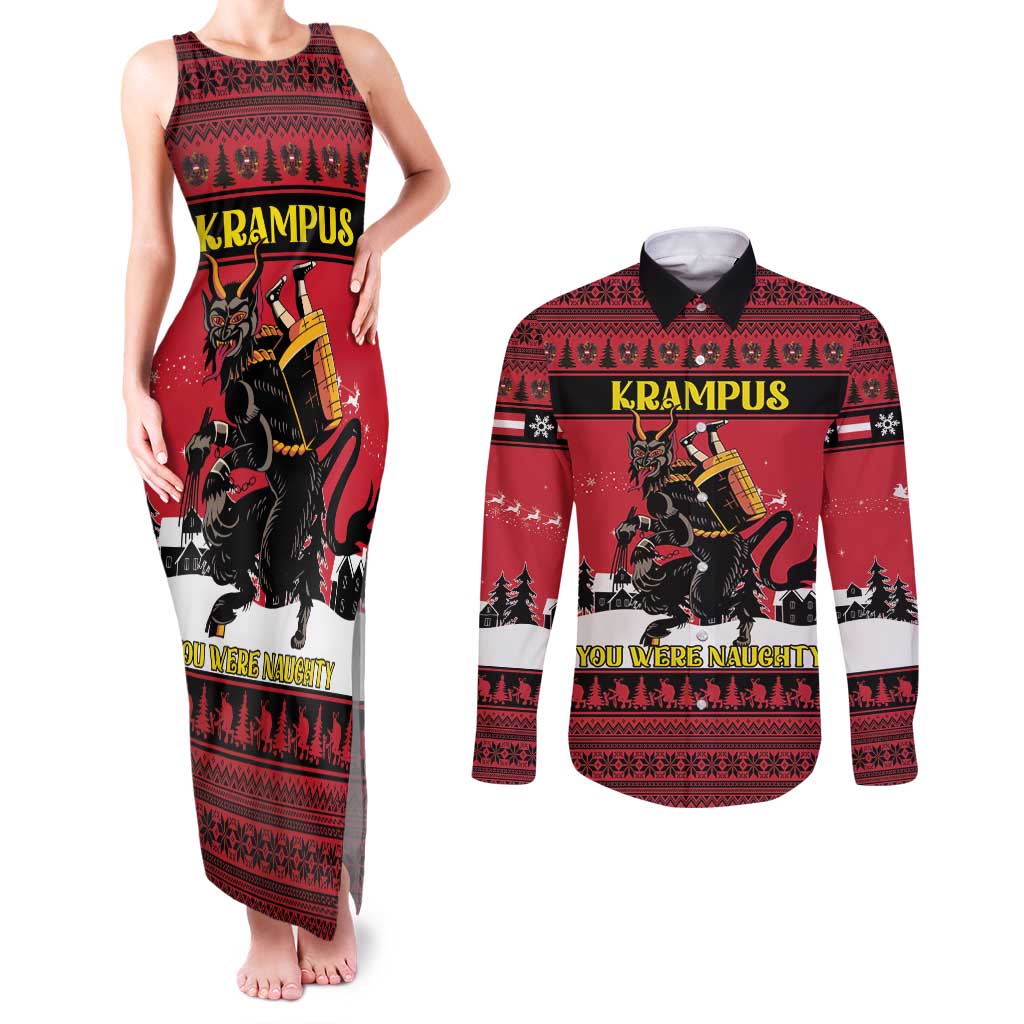 Austria Christmas Couples Matching Tank Maxi Dress and Long Sleeve Button Shirt Krampus You Were Naughty - Wonder Print Shop