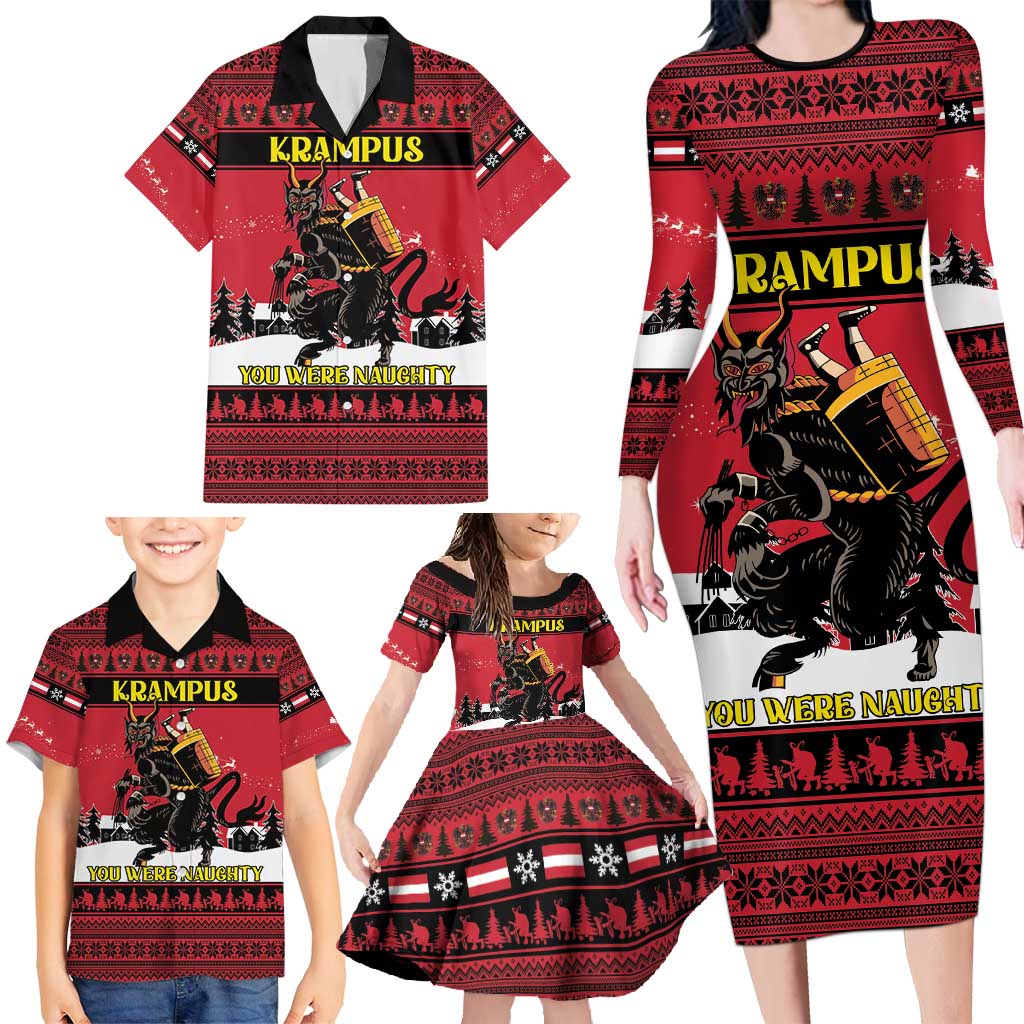 Austria Christmas Family Matching Long Sleeve Bodycon Dress and Hawaiian Shirt Krampus You Were Naughty - Wonder Print Shop