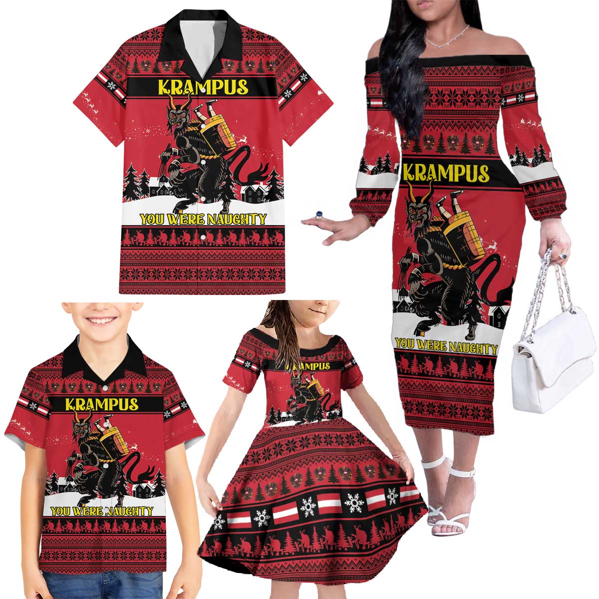 Austria Christmas Family Matching Off The Shoulder Long Sleeve Dress and Hawaiian Shirt Krampus You Were Naughty - Wonder Print Shop