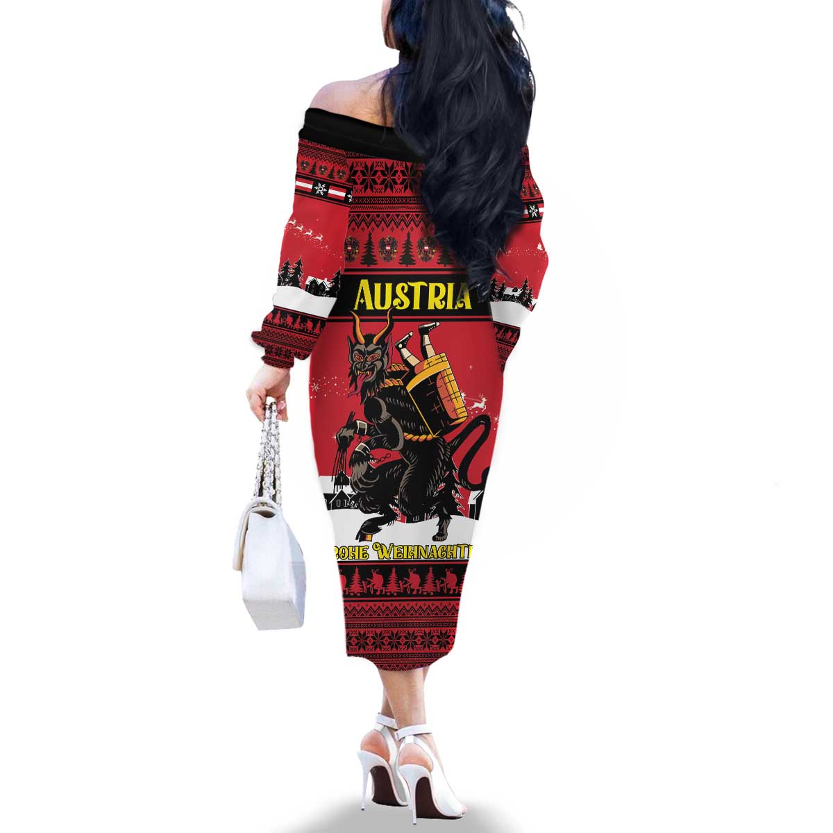 Austria Christmas Family Matching Off The Shoulder Long Sleeve Dress and Hawaiian Shirt Krampus You Were Naughty - Wonder Print Shop
