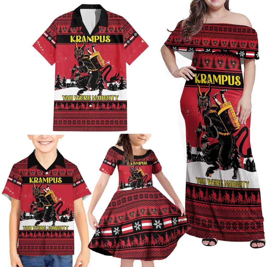 Austria Christmas Family Matching Off Shoulder Maxi Dress and Hawaiian Shirt Krampus You Were Naughty - Wonder Print Shop