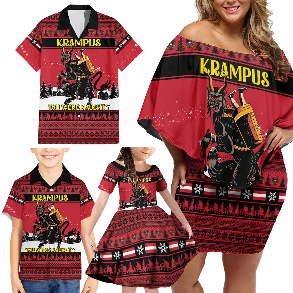 Austria Christmas Family Matching Off Shoulder Short Dress and Hawaiian Shirt Krampus You Were Naughty - Wonder Print Shop