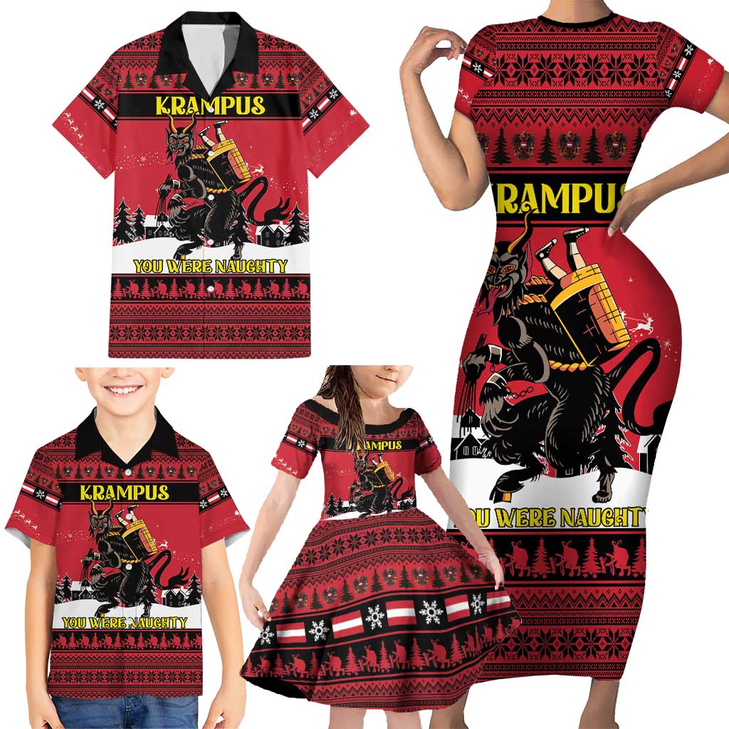 Austria Christmas Family Matching Short Sleeve Bodycon Dress and Hawaiian Shirt Krampus You Were Naughty - Wonder Print Shop