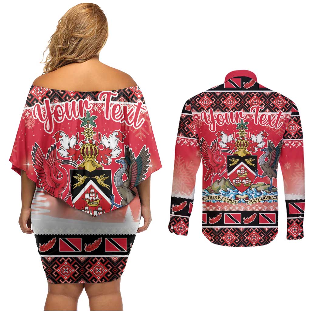 Personalized Trinidad and Tobago Christmas Couples Matching Off Shoulder Short Dress and Long Sleeve Button Shirt Coat Of Arms Seamless Pattern - Wonder Print Shop