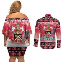 Personalized Trinidad and Tobago Christmas Couples Matching Off Shoulder Short Dress and Long Sleeve Button Shirt Coat Of Arms Seamless Pattern - Wonder Print Shop