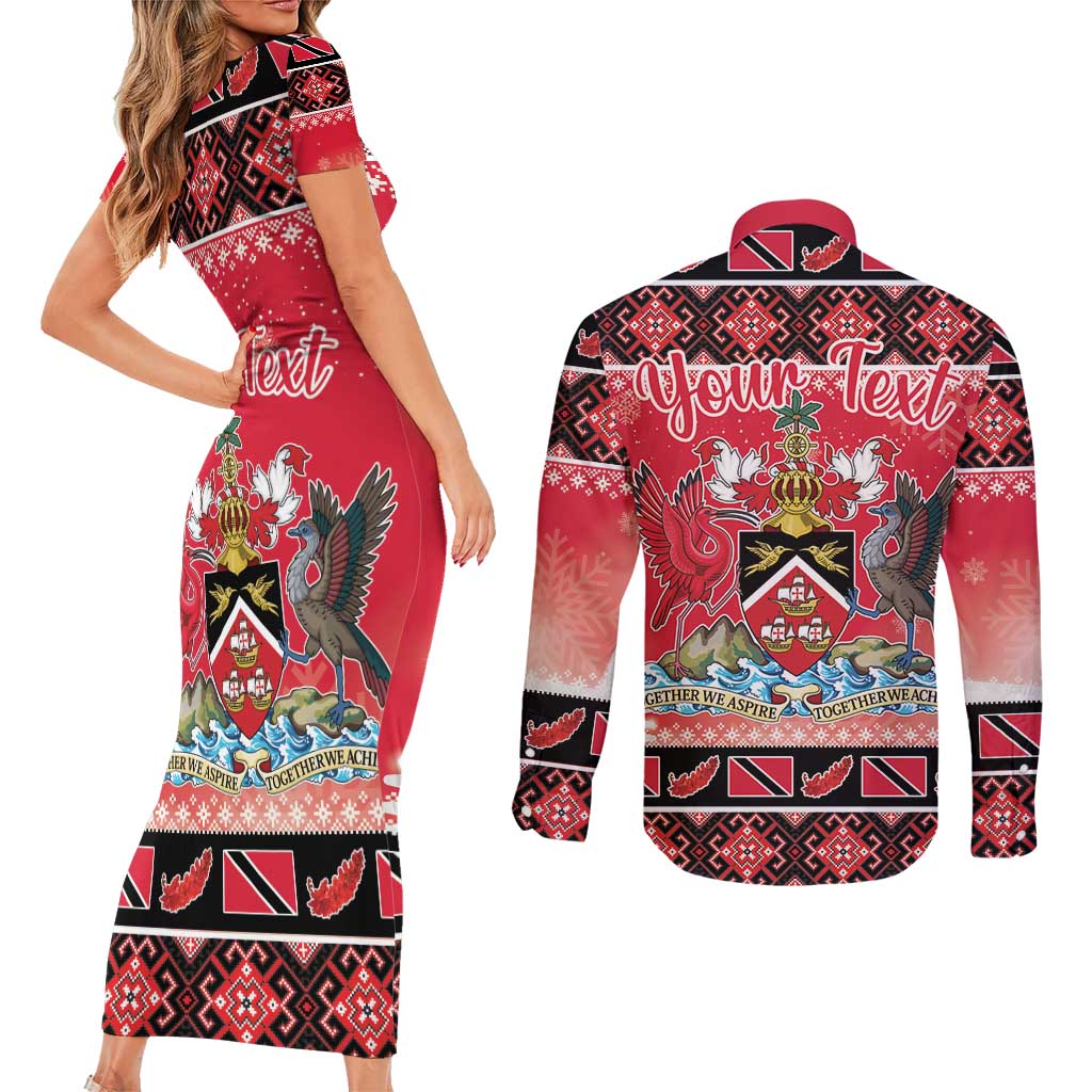 Personalized Trinidad and Tobago Christmas Couples Matching Short Sleeve Bodycon Dress and Long Sleeve Button Shirt Coat Of Arms Seamless Pattern - Wonder Print Shop