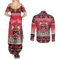 Personalized Trinidad and Tobago Christmas Couples Matching Summer Maxi Dress and Long Sleeve Button Shirt Coat Of Arms Seamless Pattern - Wonder Print Shop