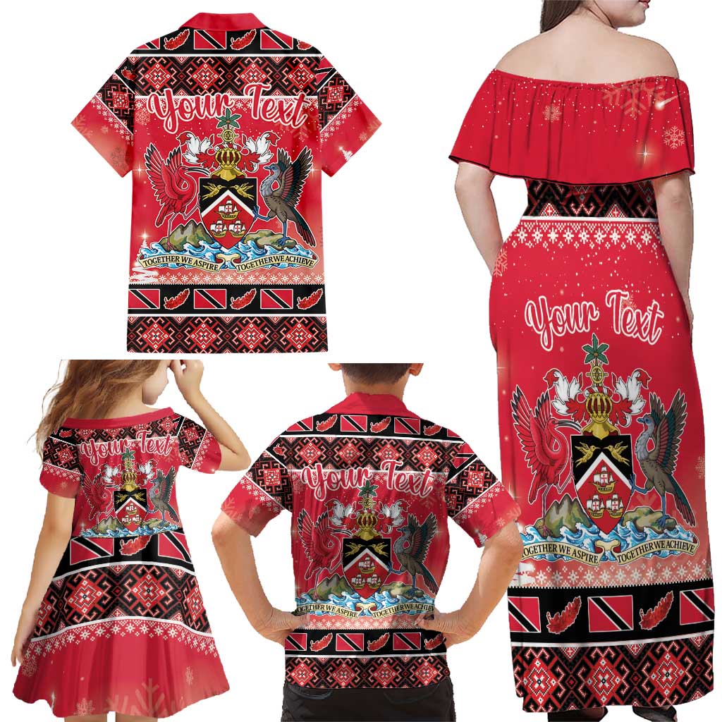 Personalized Trinidad and Tobago Christmas Family Matching Off Shoulder Maxi Dress and Hawaiian Shirt Coat Of Arms Seamless Pattern - Wonder Print Shop