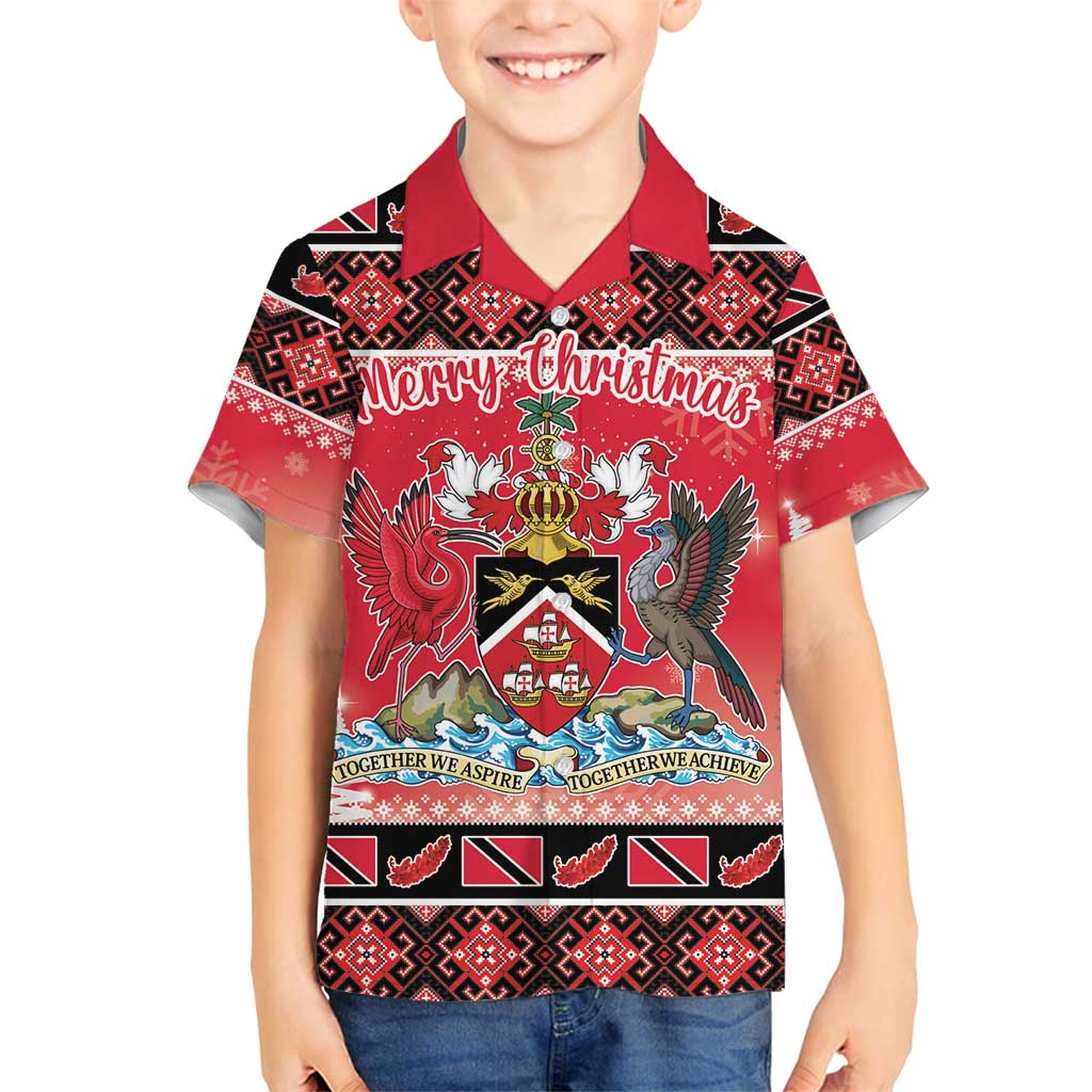 Personalized Trinidad and Tobago Christmas Family Matching Off Shoulder Short Dress and Hawaiian Shirt Coat Of Arms Seamless Pattern - Wonder Print Shop