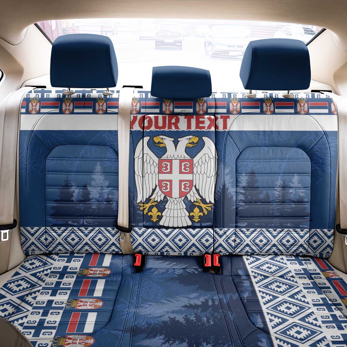 Personalized Serbia Christmas Back Car Seat Cover Coat Of Arms - Blue Version - Wonder Print Shop