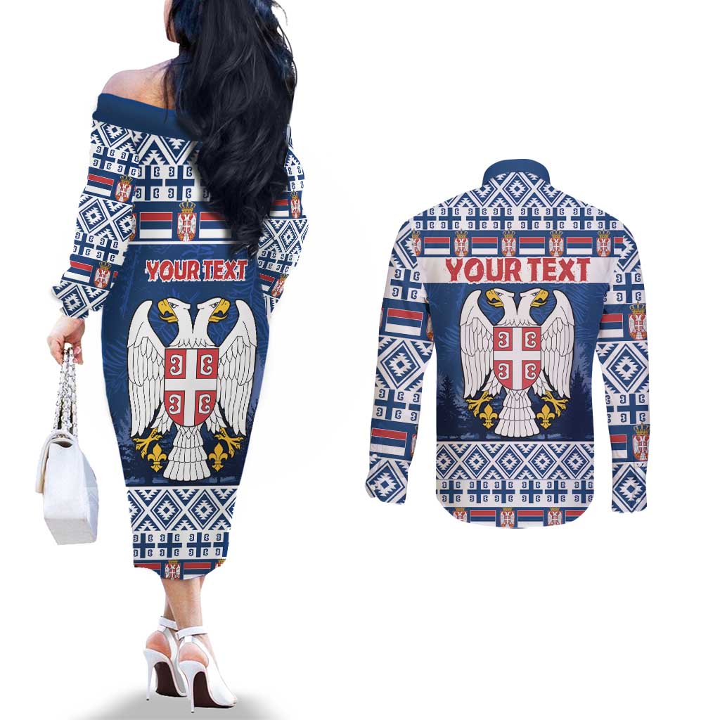 Personalized Serbia Christmas Couples Matching Off The Shoulder Long Sleeve Dress and Long Sleeve Button Shirt Coat Of Arms - Blue Version