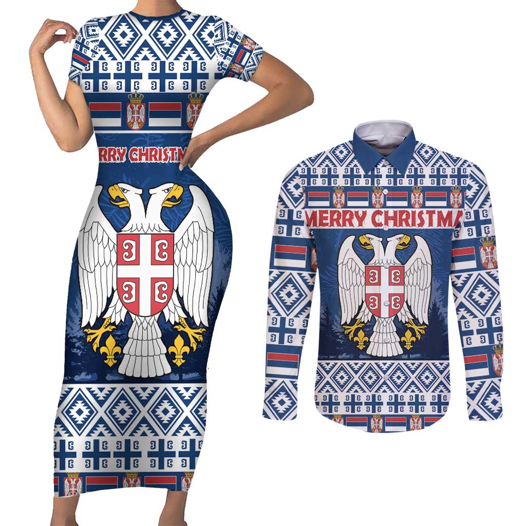 Personalized Serbia Christmas Couples Matching Short Sleeve Bodycon Dress and Long Sleeve Button Shirt Coat Of Arms - Blue Version - Wonder Print Shop